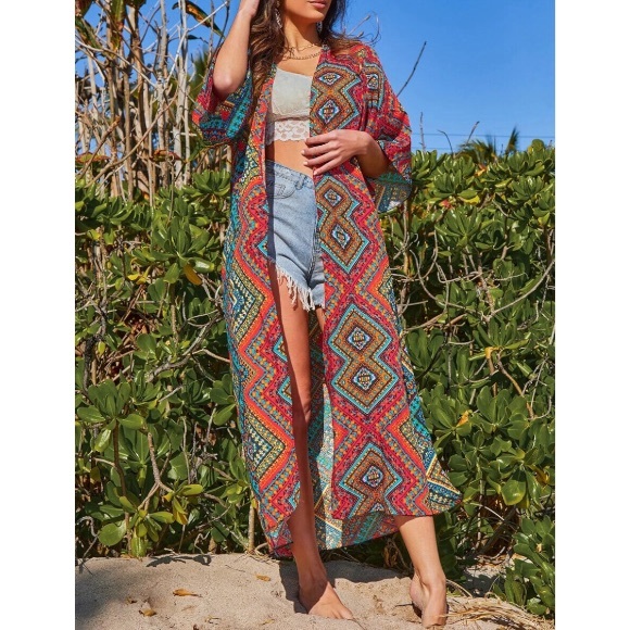 Boho Tribal Red Geometric Long Kimono 3/4 Sleeve - Picture 3 of 5